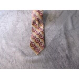 Mario Ferrari Mens Geometric Medallion Necktie Gold Burgundy Grey Hand Made 61in
